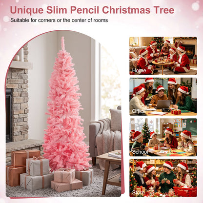 6ft Pink Artificial Pencil Christmas Tree, Unlit Slim Xmas Tree with 660 PVC Tips & Foldable Metal Stand, Full Shape, Easy to Assemble for Home Office Party Holiday Display Decoration