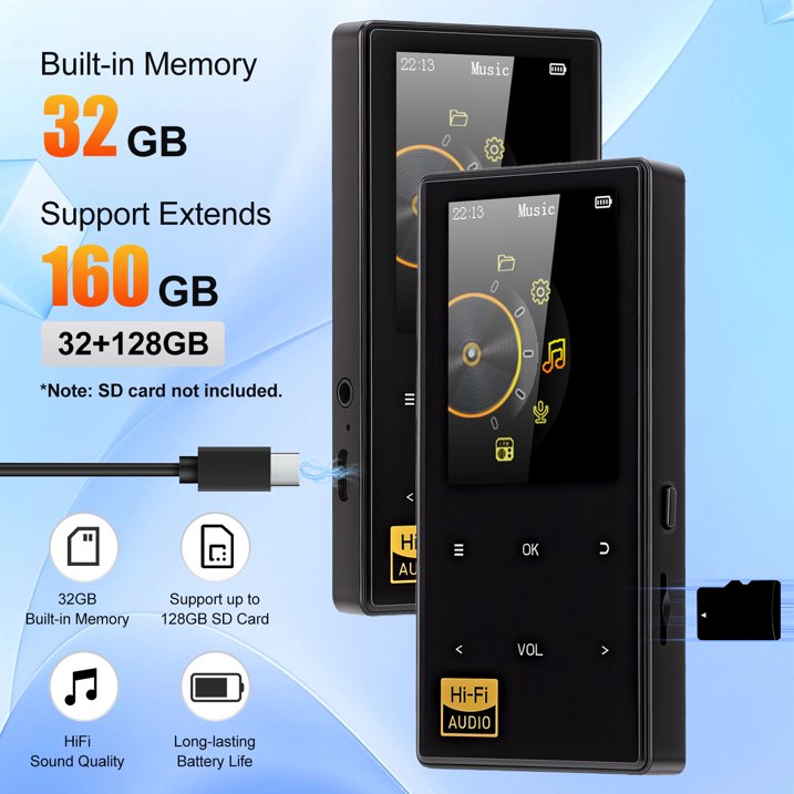 32GB MP3 Player with Bluetooth 5.0, Music Player with HiFi Sound for Sports Runners, 2.4" Screen MP3 Player Built in HD Speaker Voice Recorder FM Radio E-Book, Expanded Up to 128GB, Earphone Included