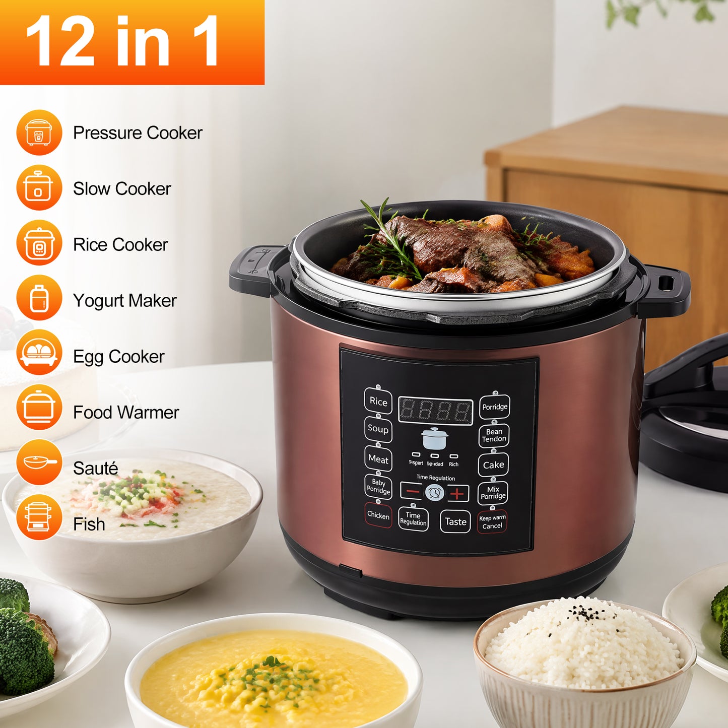 6.5 Quart Electric Pressure Cooker, 12-in-1 Multi-Functional Slow Cooker, Rice Cooker, Saute Pan, Soup Pot, Egg Cooker, Warmer, Preset Cooking, Gold