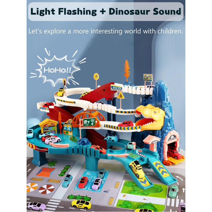 Dinosaur Rail Car Toys, Dinosaur Climbing Hills Railcar Colorful Vehicles Construction Play Set w/ 4 Racer Cars & Lifting Parking Lot, Winding Highway Dinosaur Hill for Preschool Gifts Kids Ages 3+