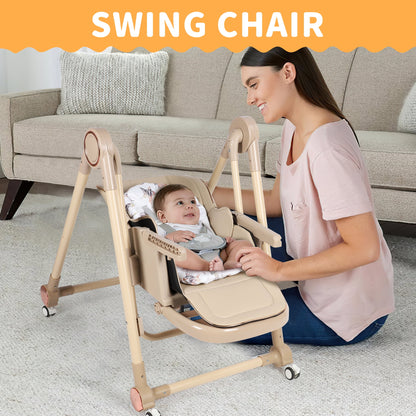 Loewten 3-in-1 Baby High Chair,Convertible Baby Swing,Foldable Infant Dining Chairs Seat with Wheels for Babies and Toddlers,Brown