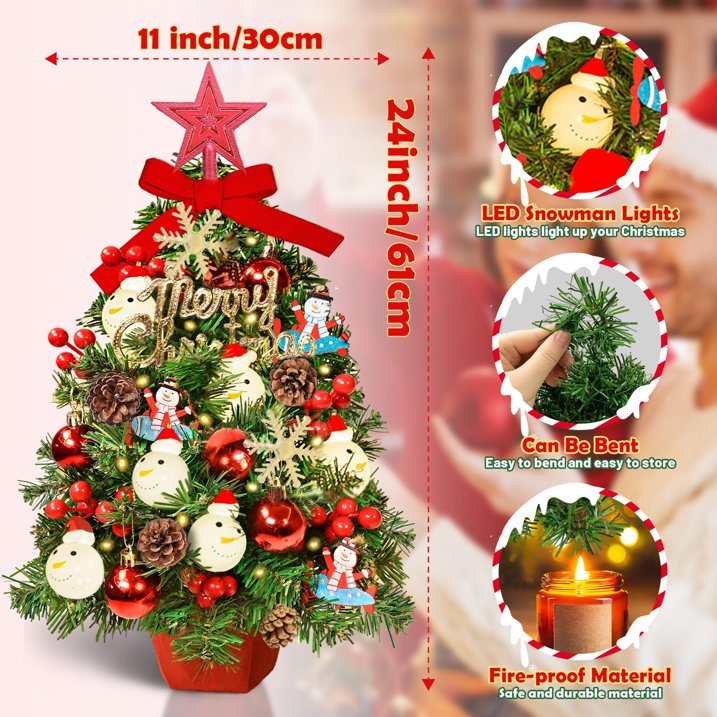 24" Mini Christmas Tree with LED Snowman Globe String Lights/Pine Cones Xmas Balls, Tabletop Christmas Tree with 36 Ornaments, Small Artificial Xmas Spruce Tree for Holiday Indoor Christmas Decor