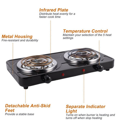 Hot Plate for Cooking, 2000W Electric Stove Burner with 5 Levels Temperature Control, Dual Coil Portable Stove for Home Dorm Office Kitchen Camping, Electric Cooktop Compatible of All Cookware, Black