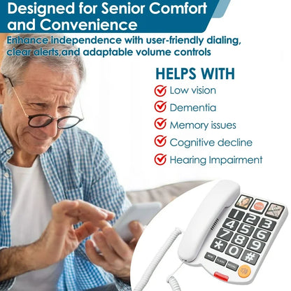 Big Button Phone for Seniors, Corded Landline Telephone with Handsfree, One-Touch Dialling, Large Key Adjustable Volume Wired Phone for Visually/Hearing Impaired, Extra Loud Ringer, White