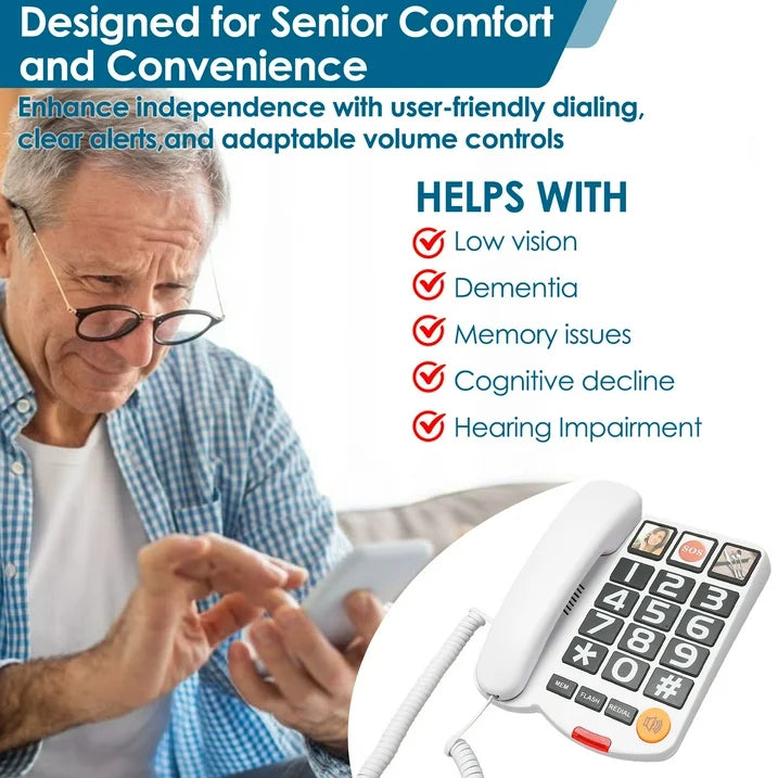 Big Button Phone for Seniors, One-Touch Dialling Corded Landline Telephone with Handsfree, Large Key Adjustable Volume Wired Phone for Visually/Hearing Impaired Elderly, Extra Loud Ringer, Black