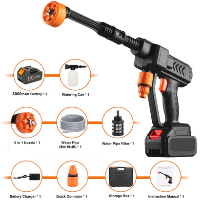 16000mAh 21V Cordless Pressure Washer with 2 Rechargeable Batteries, 16.4FT Water Pipe and 6 In 1 Nozzles Car Power Cleaner Machine, 500PSI