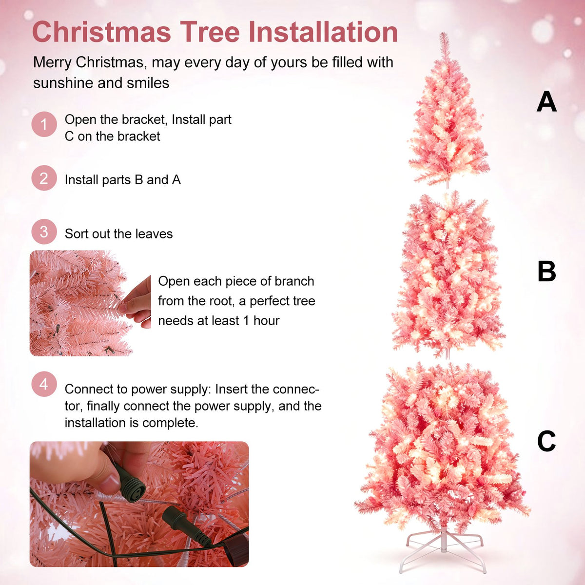 7ft Flocked Pink Pencil Christmas Tree, Pre-Lit Slim Artificial Holiday Decoration, Lighted Skinny w/Base, Warm White Lights