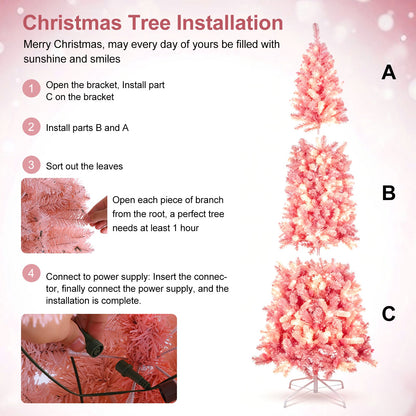 7ft Flocked Pink Pencil Christmas Tree, Pre-Lit Slim Artificial Holiday Decoration, Lighted Skinny w/Base, Warm White Lights