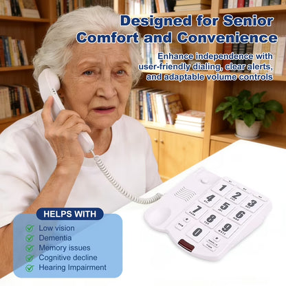 Big Button Phone for Seniors, Corded Landline Telephone for Elderly w/ Visually Disorders/Hearing Damage, Adjustable Volume Large Key Wired Telephone, One-Touch Dialling, Extra Loud Ringer, White