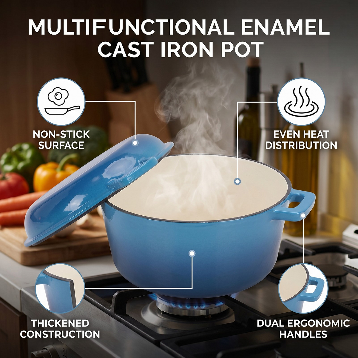 2 in 1 Cast Iron Dutch Oven Pot with Skillet Lid, 6+2 QT Pre-Seasoned Multipurpose Cookware for baking, braising, and stewing, Blue