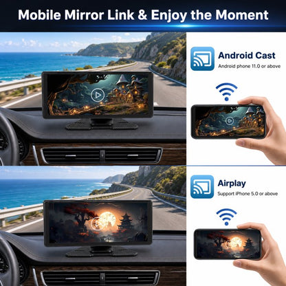 10.26" Portable Wireless CarPlay Screen for Car with 4K Dash Cam and 1080P Backup Camera, Wireless Car Play & Android Auto, OTA, Navigation, Voice Control, Mirror Link, Music Player