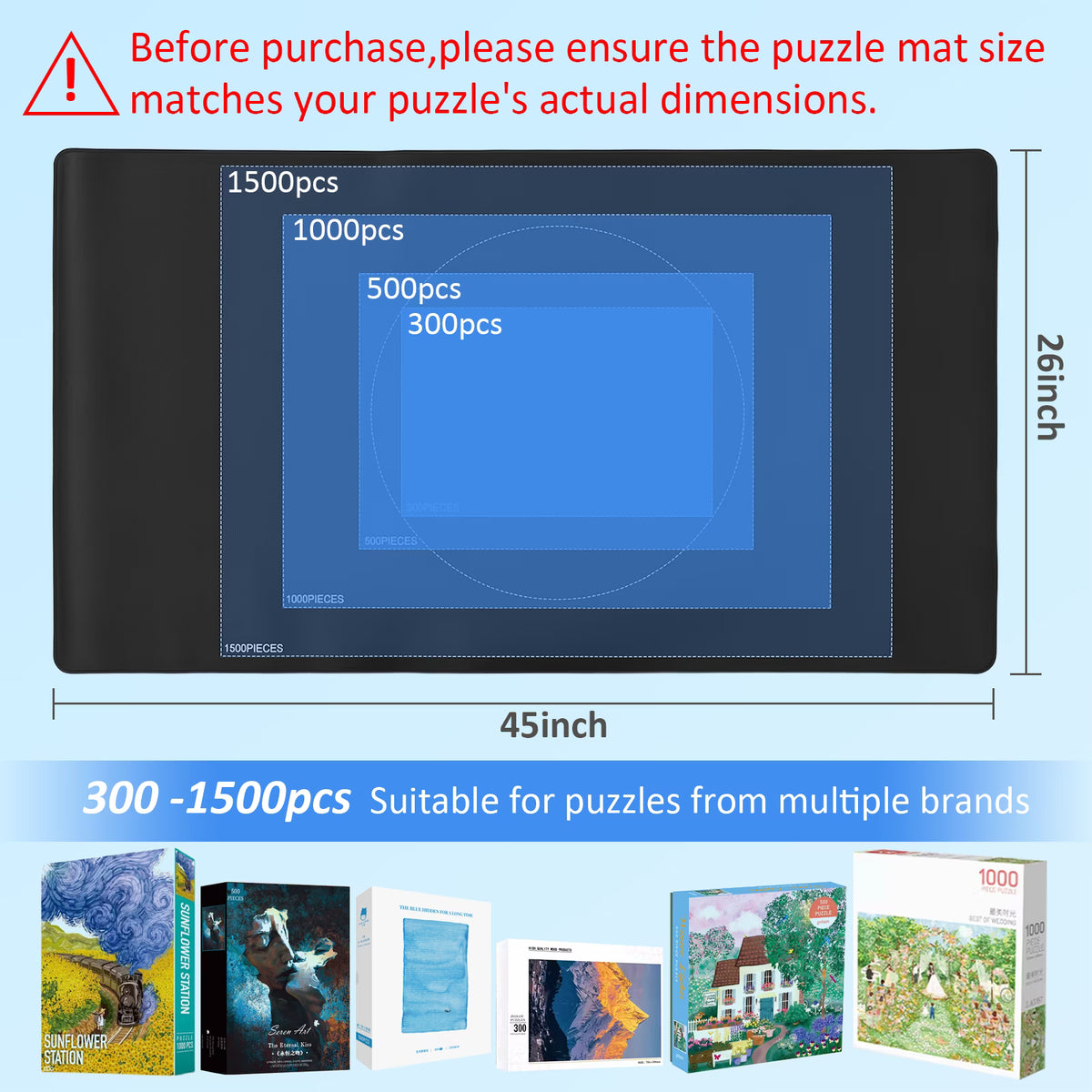 Adult Jigsaw Puzzle Mat Roll Up, Saver Pad 45" x 25" Portable Keeper Up to 1500 Pieces with Non-Slip Rubber Bottom and Polyester Top + 4 Puzzle Sorting Trays, Travel-Friendly Storage Bag