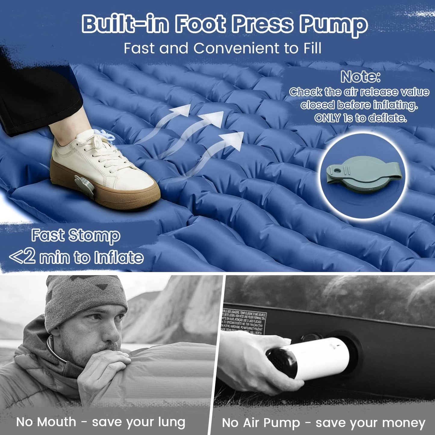 Double Camping Sleeping Pad, 4" Extra Thick Camping Sleeping Mat for 2 with Air Pillow/Foot Pump, Waterproof Double Camping Inflatable Mat Blue Inflatable Pad for Backpacking Hiking Traveling Tent