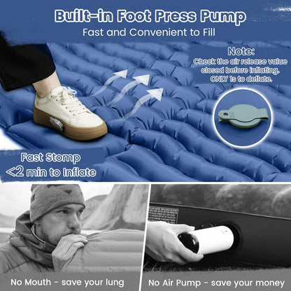 Double Camping Sleeping Pad, 4" Extra Thick Camping Sleeping Mat for 2 with Air Pillow/Foot Pump, Waterproof Double Camping Inflatable Mat Blue Inflatable Pad for Backpacking Hiking Traveling Tent