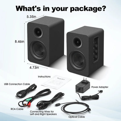 80W Active Bookshelf Speakers, Home Bluetooth 5.3 Wireless Speaker with 3 inch Woofer, Stereo Studio Monitor Speakers, Bass & Treble Adjust TV Speakers with USB/Optical/AUX Input for PC, Black