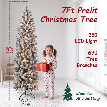 7ft Prelit Snow Flocked Artificial Hinged Slim Pencil Christmas Tree with Warm White Lights, Flocked Pencil Spruce Tree for Christmas Holiday
