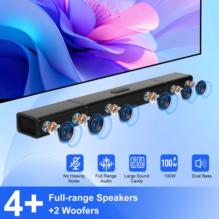 Sound Bar for Smart TV, Soundbar with Bluetooth/ARC/Opt/AUX Connect, Auto Volume Boost, 3 Equalizer Modes, 2 in 1 Detachable Soundbar for TV/PC/Gaming/Projectors
