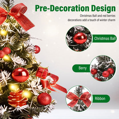 3 Pack Pre-lit Mini Christmas Tree, 16inch Snowy Flocked Tabletop Small Artificial Christmas Tree with 30 LED Lights, Berries Ball Ornaments, Perfect for Home Kitchen Desk Holiday Xmas Decorations