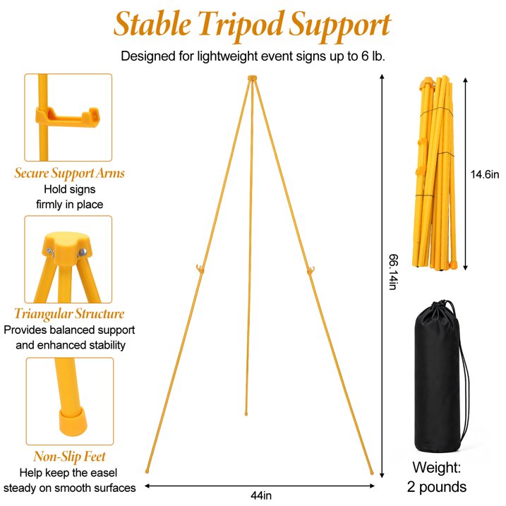 66" Easel Stand for Sign, Poster Stand and Wedding Sign, Lightweight Foldable Metal Tripod with Carry Bag for Welcome Sign, Poster Display, Foam Board and Floor Use, Gold (Supports 5 Pounds)