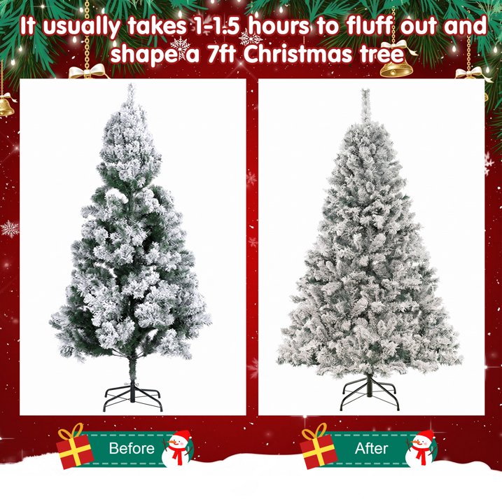 6ft Artificial Xmas Tree Realistic Reusable Snow Flocked Xmas Pine Tree with Dense Branches Metal Base for Holiday Decor Lights