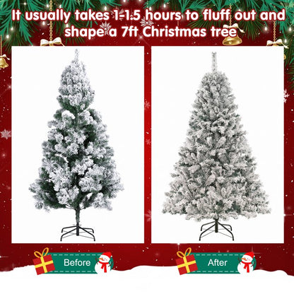 6ft Artificial Xmas Tree Realistic Reusable Snow Flocked Xmas Pine Tree with Dense Branches Metal Base for Holiday Decor Lights