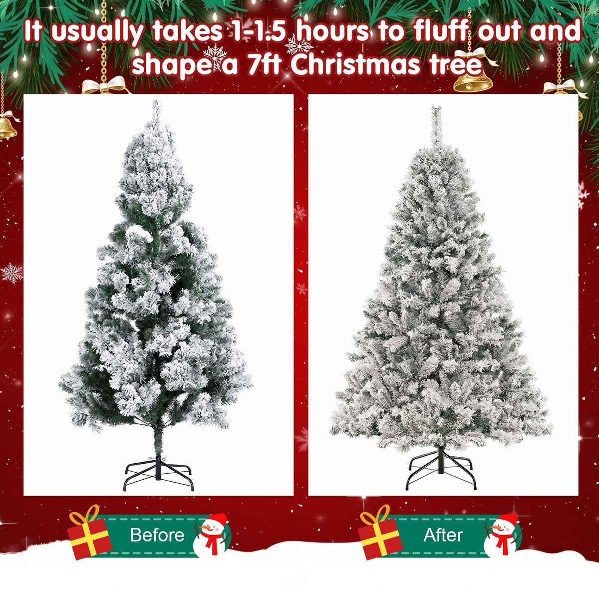 7ft Artificial Xmas Tree Realistic Reusable Snow Flocked Xmas Pine Tree with Dense Branches Metal Base for Holiday Decor 350 Lights