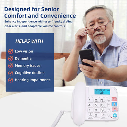 Large Key Wired Telephone, Dual Interface Wired Landline Phones with Caller ID/Hands-Free for Office, Big Button Corded Phones for Seniors, 3 Group One-Touch Dialing, Adjustable Volume & Ringing
