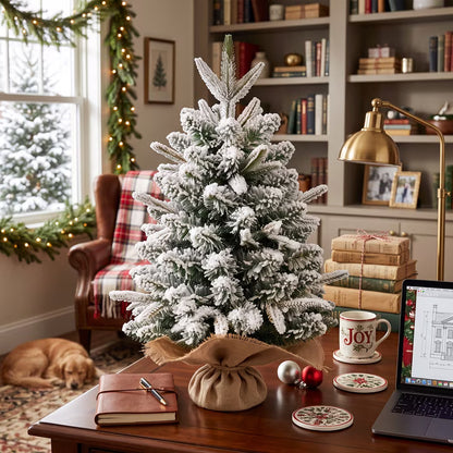 2ft Snow Flocked Tabletop Christmas Tree, Green & White Desk Xmas Tree with 90 Tips & Burlap Base Mini Xmas Pine Tree for Table Desk Home Christmas Holiday Decor