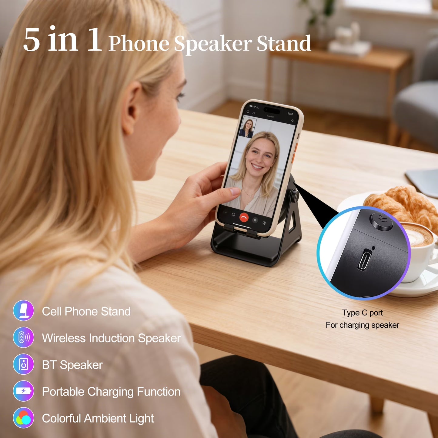 Wireless Induction Speaker 5-in-1 Bluetooth Speaker with Phone Stand, Stereo Sound, 7 RGB Ambient Light, 360° Adjustable Holder for iPhone/Android/iPad, Gifts for Men Women (Black)