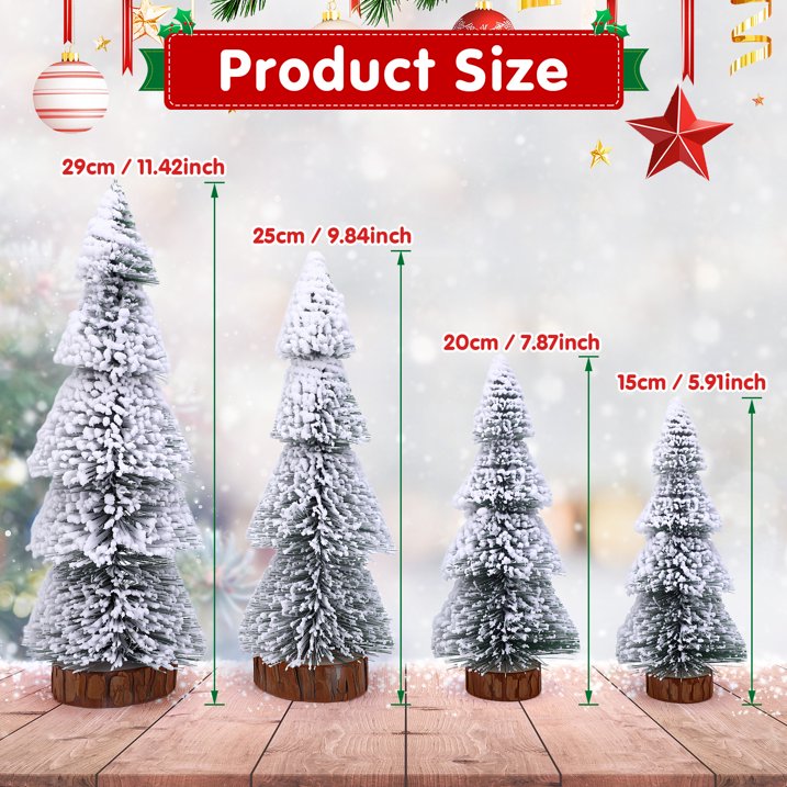 4Pcs Christmas Mini Trees with 9.8ft Light String,Artificial Snow Frost Christmas Trees in 4 Size Bottle Brush Xmas Tree w/ Wooden Base Xmas Pine Tree for Winter Holiday Party Home Table Crafts Decor