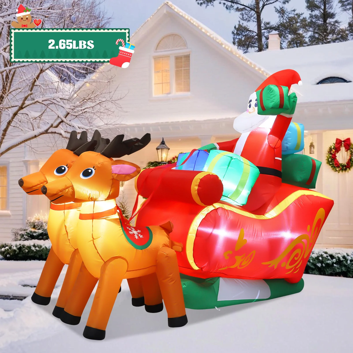 6FT Long Christmas Inflatable Santa Claus on Sleigh with Reindeer and Gift Boxes LED Lighted Blow up Outdoor Yard Decoration for Holiday Christmas Party Yard Garden