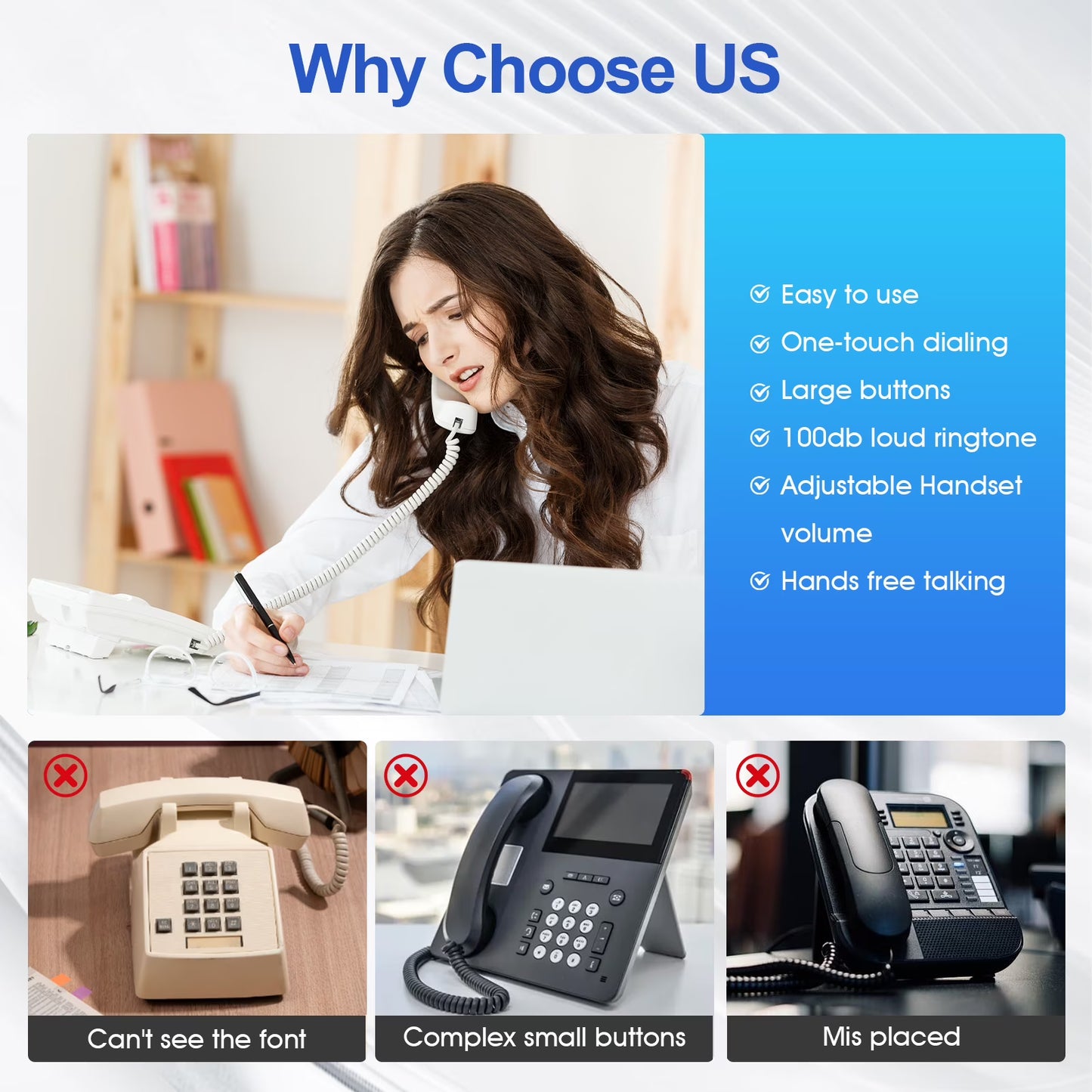 Corded Caller ID Telephone, Landline Home Phones with Backlight LCD Display & Speaker, Office Landline Phone, Loud Ringer & Volume Adjustable, Desktop Speed Memory Dial Telephones for Seniors