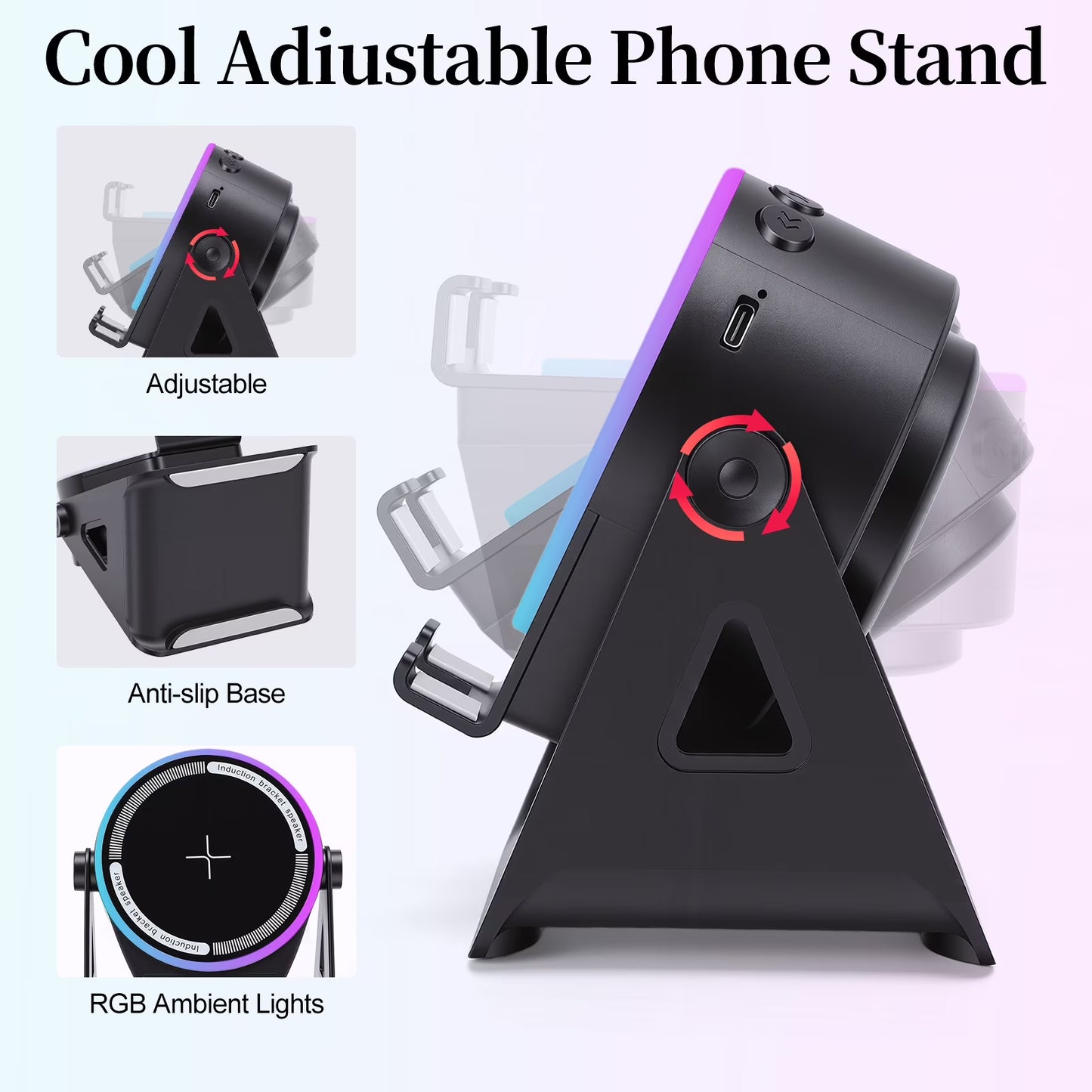 Wireless Induction Speaker 5-in-1 Bluetooth Speaker with Phone Stand, Stereo Sound, 7 RGB Ambient Light, 360° Adjustable Holder for iPhone/Android/iPad, Gifts for Men Women (Black)