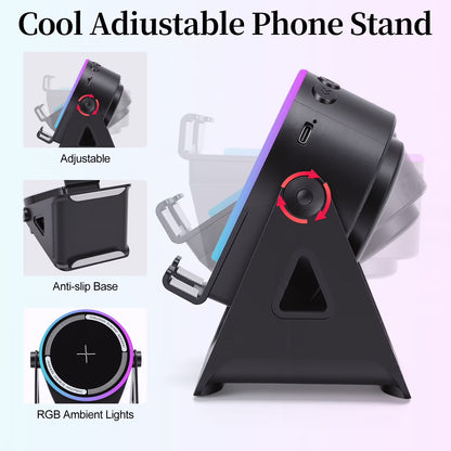 Wireless Induction Speaker 5-in-1 Bluetooth Speaker with Phone Stand, Stereo Sound, 7 RGB Ambient Light, 360° Adjustable Holder for iPhone/Android/iPad, Gifts for Men Women (Black)