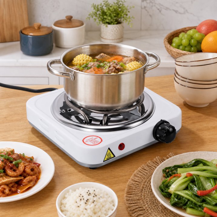 Electric Countertop Single Burner, 1000W Cooktop with 6" Stainless Steel Coil Hot Plate, 5 Level Temperature Control, Indicator Light, Compact Cooking Stove and Easy to Clean, Whtie