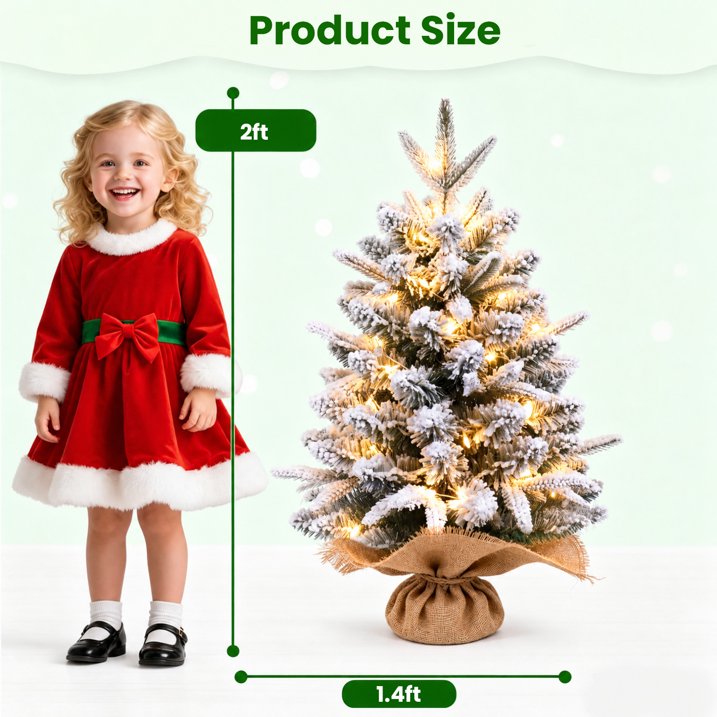 2ft Pre-lit Mini Christmas Snow Flocked Tree, Tabletop Artificial Christmas Tree with LED Lights, Small DIY Decor Xmas Pine Tree with Cloth Bag Base for Indoor Outdoor Home Dining Table Decorations