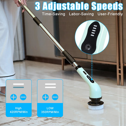 Electric Spin Scrubber, Cordless Power Scrubber with Extension Handle & 9 Replaceable Head for Bathroom & Tub & Tile Floor