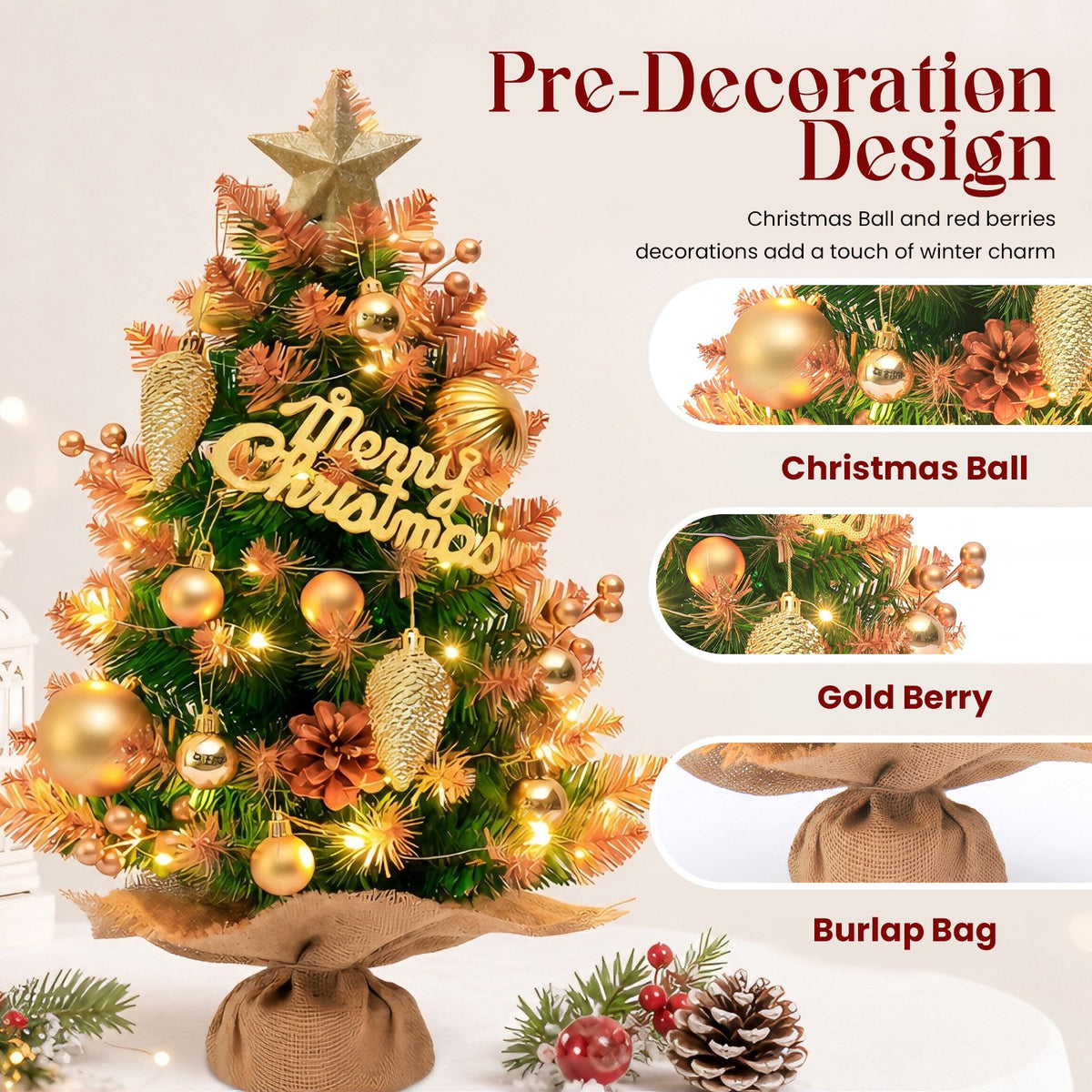 Mini Christmas Tree Tabletop Set with LED Lights, Artificial Small Christmas Tree with Star Treetop, Berries Pinecone, Ball Ornaments, DIY Xmas Decorations for Home Office and Indoor Festive Displays