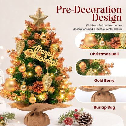 Mini Christmas Tree Tabletop Set with LED Lights, Artificial Small Christmas Tree with Star Treetop, Berries Pinecone, Ball Ornaments, DIY Xmas Decorations for Home Office and Indoor Festive Displays