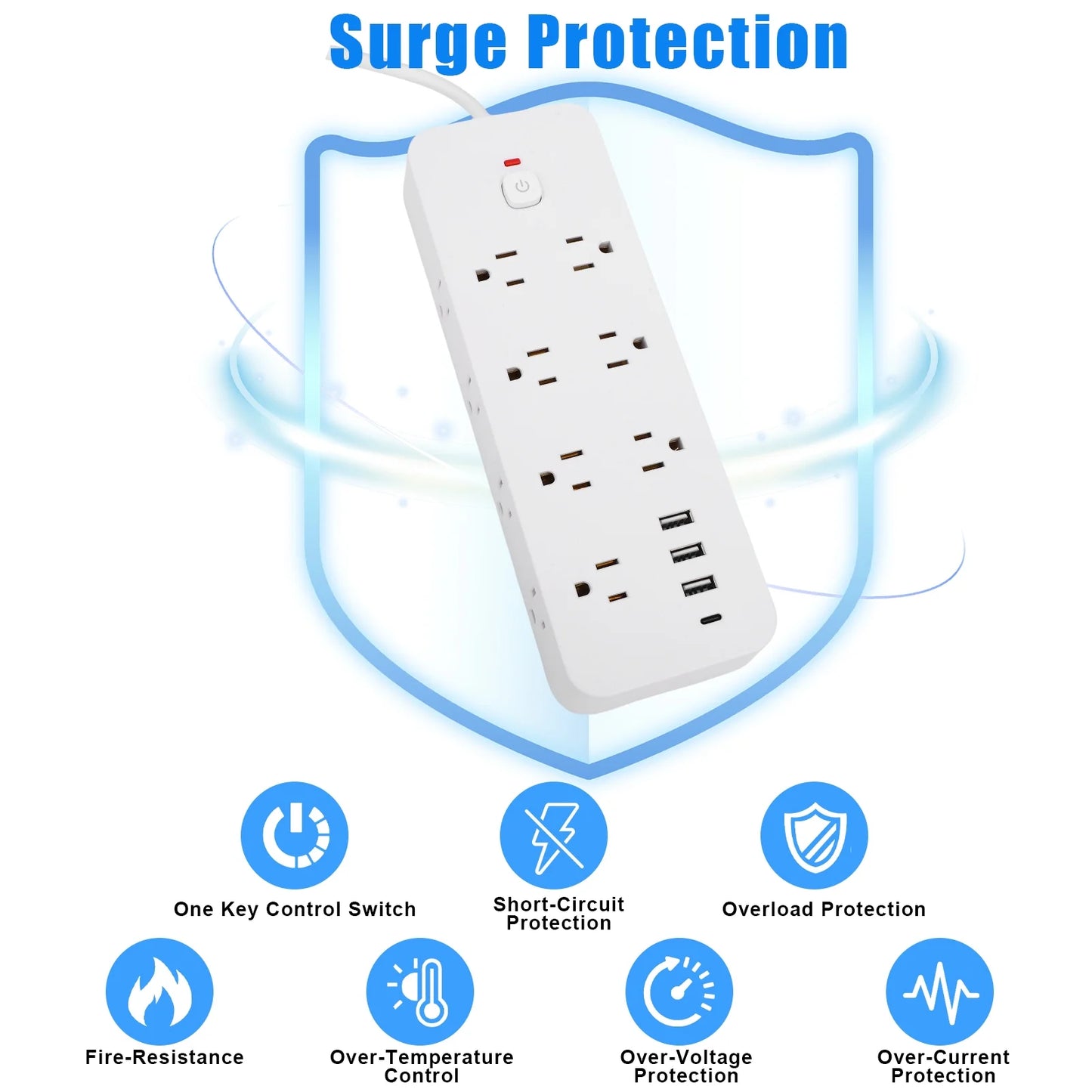 Power Strip Surge Protector (1875W), 14 Outlets w/ 3 USB A & 1 USB C Port, 9.8ft Long Flat Plug Extension Cord w/ Overload Protection, Wall Mount, Desktop Charging Station for Home Office Dorm, White
