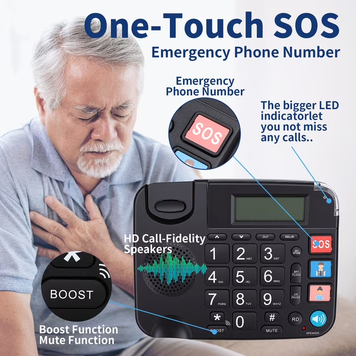Large Key Wired Telephone, Dual Interface Wired Landline Phones with Caller ID/Hands-Free for Office, Big Button Corded Phones for Seniors, 3 Group One-Touch Dialing, Adjustable Volume & Ringing