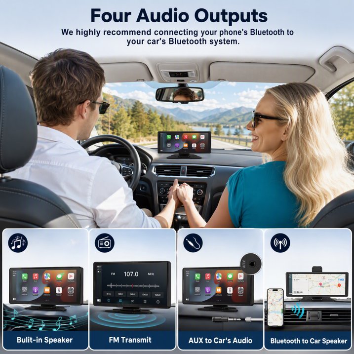 10.26" Portable Wireless CarPlay Screen for Car with 4K Dash Cam and 1080P Backup Camera, Wireless Car Play & Android Auto, OTA, Navigation, Voice Control, Mirror Link, Music Player