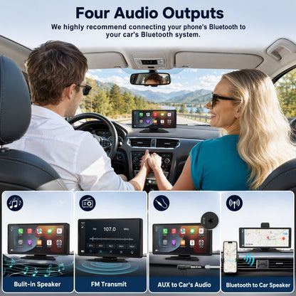 10.26" Portable Wireless CarPlay Screen for Car with 4K Dash Cam and 1080P Backup Camera, Wireless Car Play & Android Auto, OTA, Navigation, Voice Control, Mirror Link, Music Player