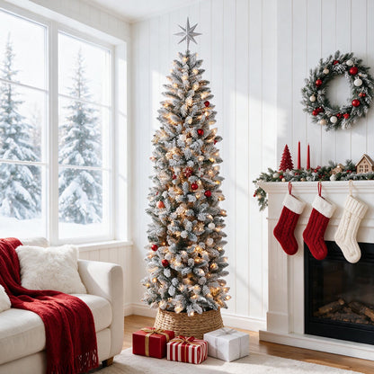 7ft Pencil Christmas Tree, Artificial Slim White Christmas Tree with 436 PVC Needles & Folding Metal Stand, Unlit Xmas Tree for Home Office Shops Hotels Decoration