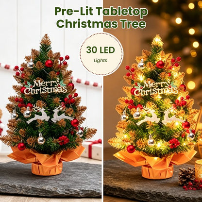 Mini Christmas Tree with Lights, Battery Operated 18 inch Small Artificial Table Top Christmas Tree Decoration with Red Berries, Ball Ornaments, Deer Ornaments DIY Holiday Home Office Indoor Decor