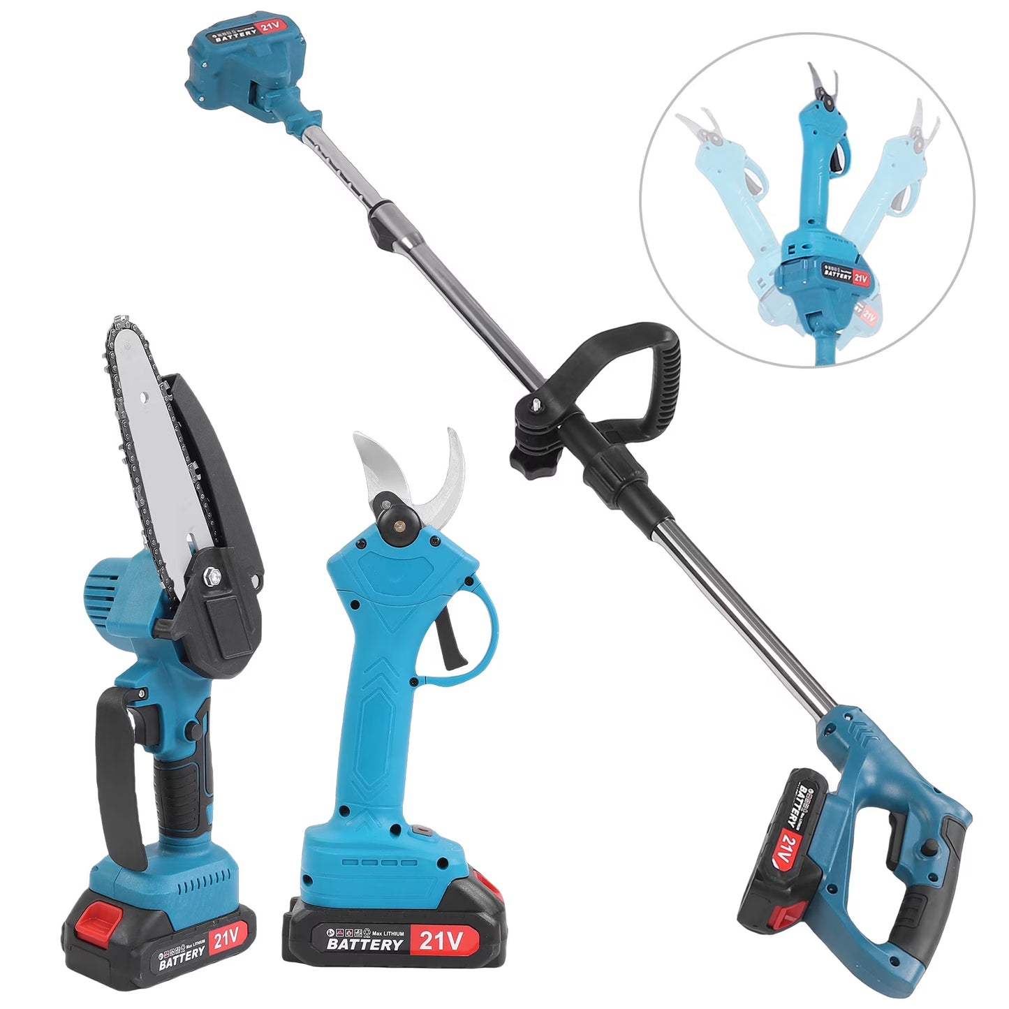 3-in-1 Cordless Pole Saws & 6in Chainsaw & Electric Pruner with 2pcs Rechargeable Batteries, 10 FT Max Reach Extension Pole for Tree Trimming,Blue