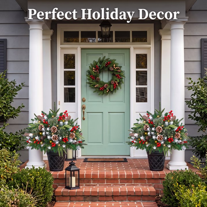 2 Pack 24" Lighted Pathway Christmas Tree Outdoor Urn Filler, Artificial Xmas Pine Trees with Tripod Stake, Battery Powered LED Lights, Snowy Pinecone Berries Decorations for Porch, Driveway, Yard