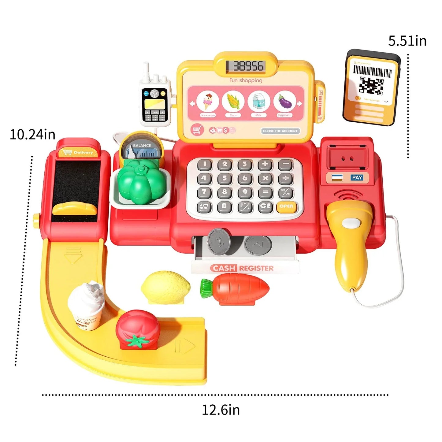 Toy Cash Registers for Pretend Play Cash Register with Scanner, Calculator, Play Money and Credit Card Supermarket Grocery Store Toys for Gift, Red