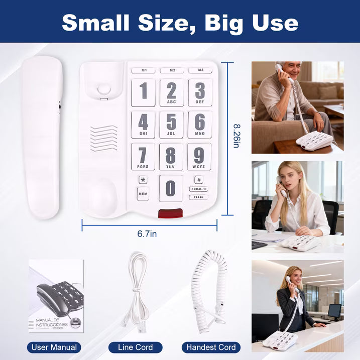 Big Button Phone for Seniors, Corded Landline Telephone for Elderly w/ Visually Disorders/Hearing Damage, Adjustable Volume Large Key Wired Telephone, One-Touch Dialling, Extra Loud Ringer, White