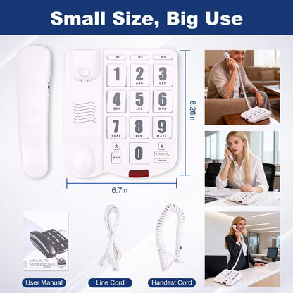 Big Button Phone for Seniors, Corded Landline Telephone for Elderly w/ Visually Disorders/Hearing Damage, Adjustable Volume Large Key Wired Telephone, One-Touch Dialling, Extra Loud Ringer, White